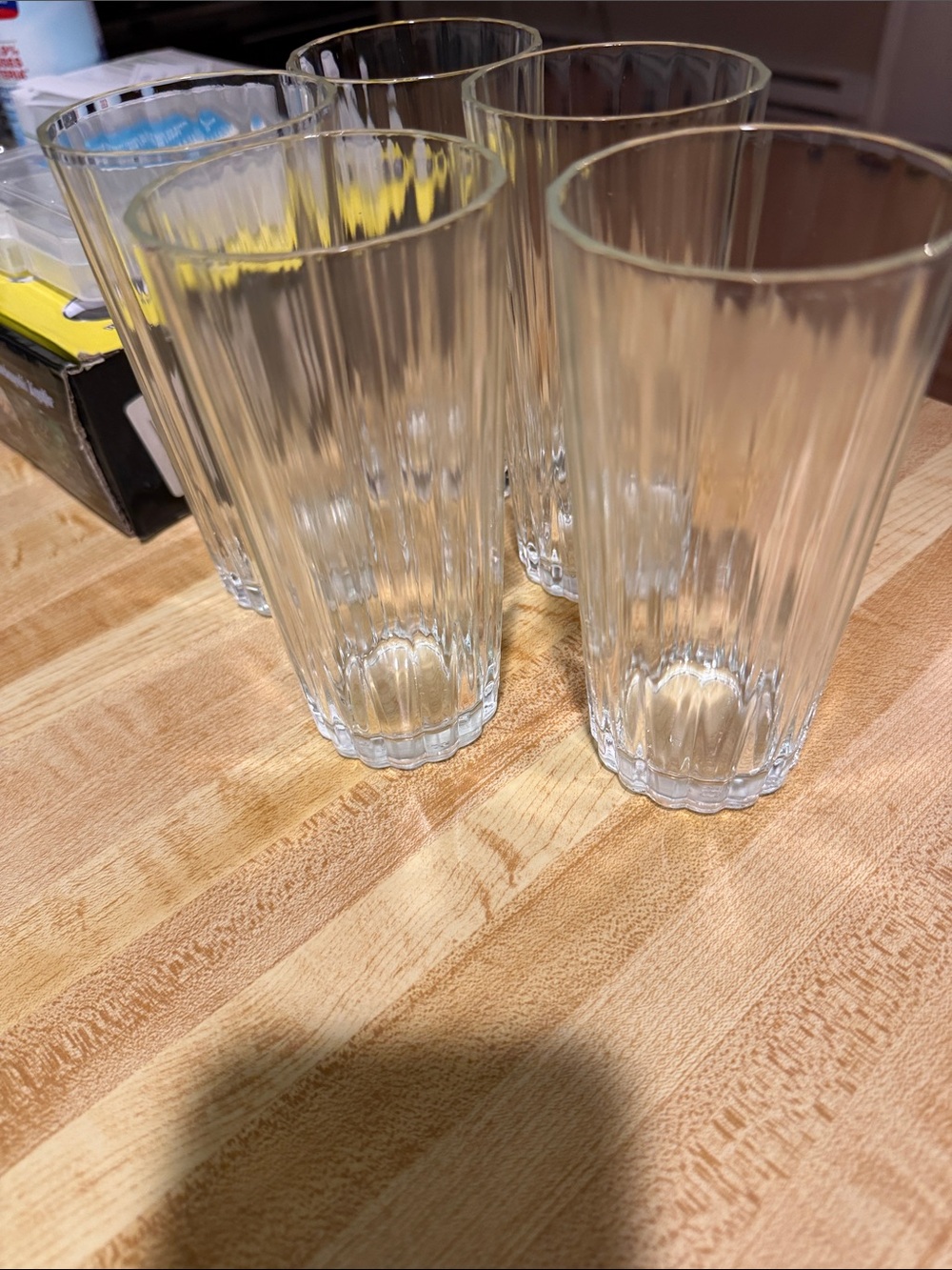 Set of 5 vintage clear, ribbed highball glasses